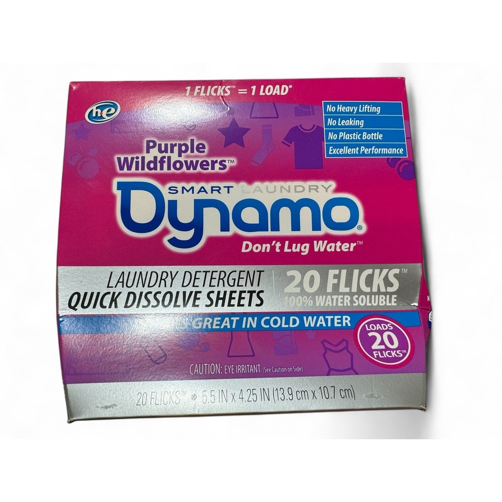Dynamo Laundry Detergent Sheets Purple Wildflowers 20 Flicks Washing New in Box